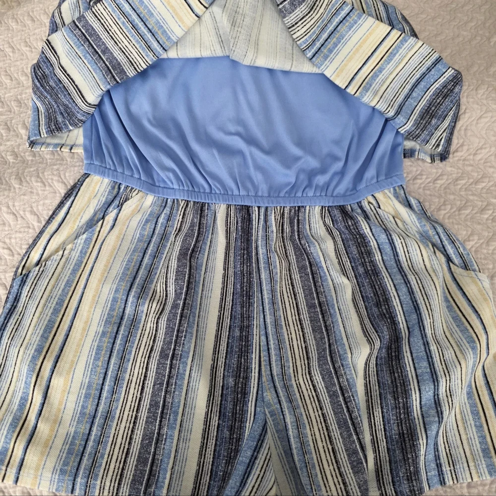 BeBop Blue White Striped Tube Top Romper XL  Elastic Waist, Pockets, 2.5" Inseam - Picture 5 of 6